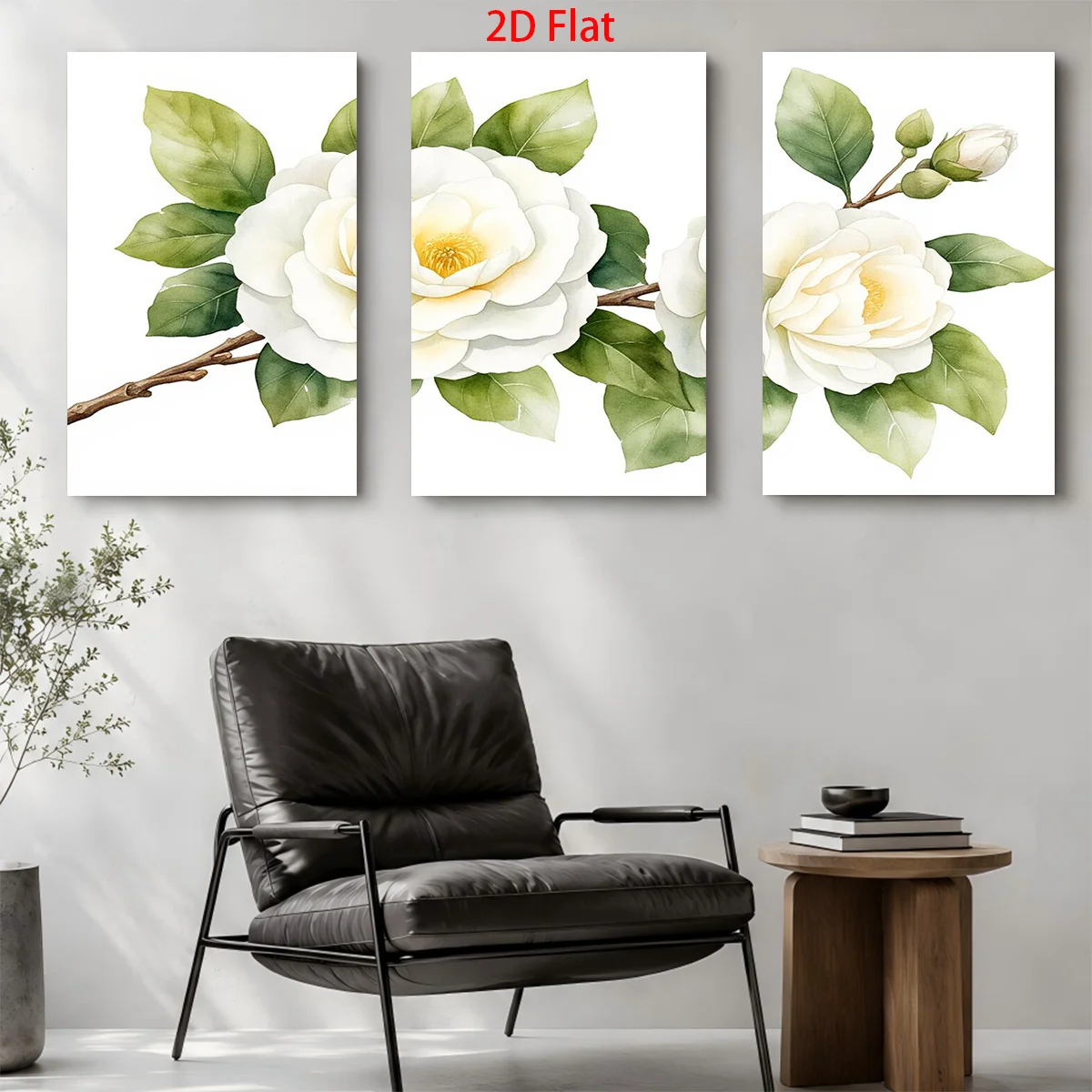 2D Flat 3PCS- Three 2D flat canvas paintings of white camellia flowers with green leaves Themed Canvas Wall Art, Waterproof C
