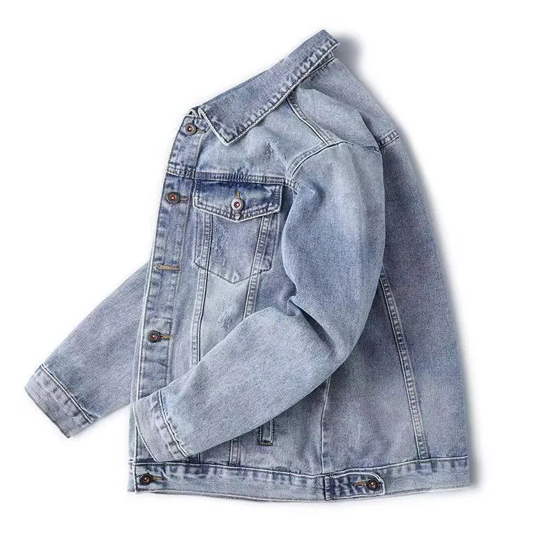 KIDWHXR Denim-Jacken für Herren, Modische Lässige Cargo-Jacke mit Mehreren Taschen, Retro Lose Einreihige Langarm-Jeansjacke für Männer – Detail 3