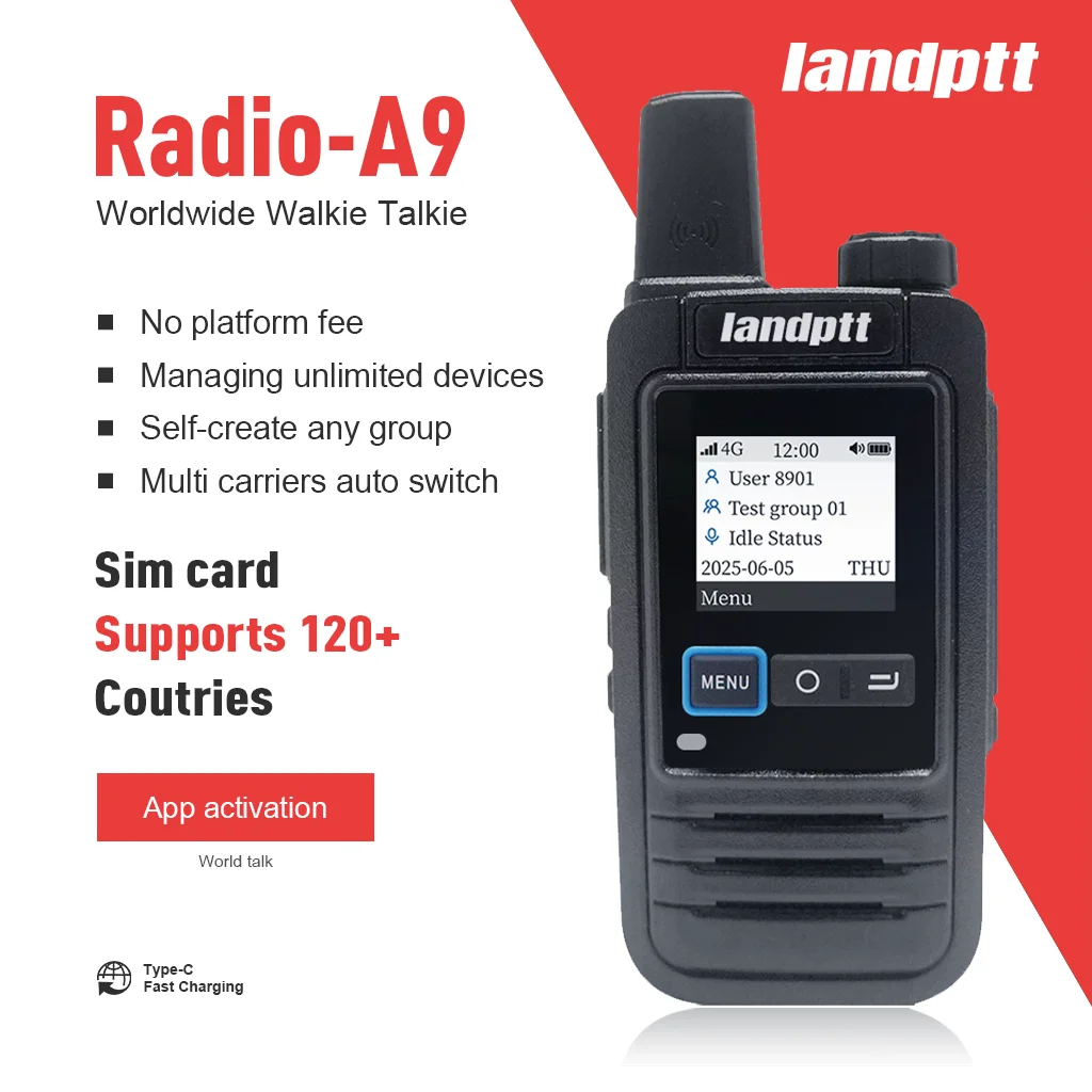 Landptt A9 4g Walkie Talkie Radio Long Range Free Platform Large Battery Internet POC PTT Long Distance Radio Communicator
