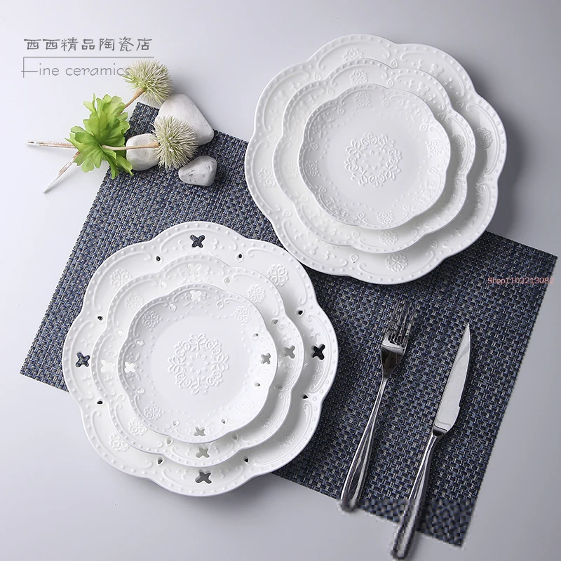 3pcs Set, 6+8+10inch, White Embossed Porcelain Cake Plate, Design, Service the Table, Dinner Plate Sets, Dinnerware