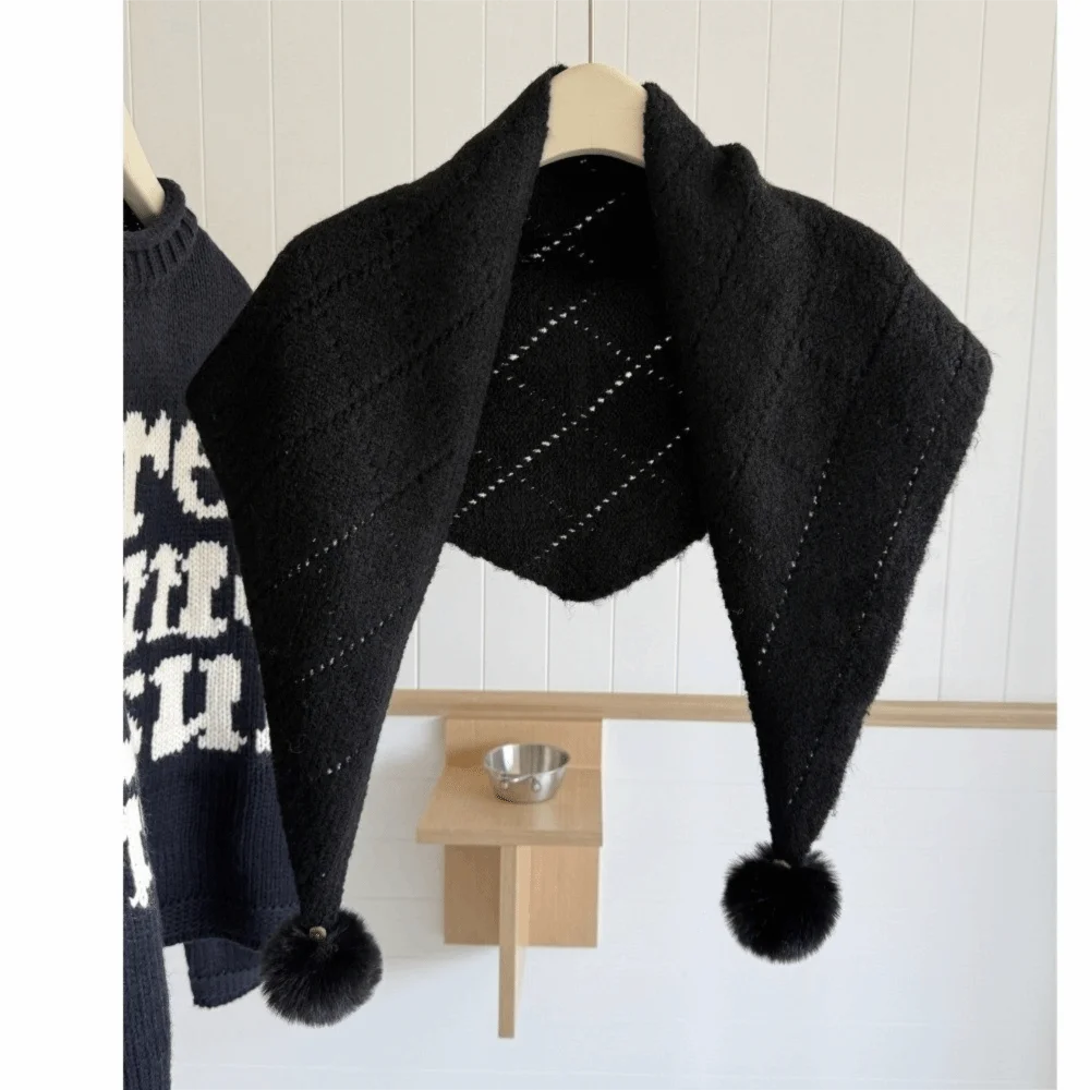 Lazy Style Knit Knitted Triangle Shawl Warm Soft Winter Neck Scarf with Pom Poms Student Yarn Shoulder Wrap Daily Casual Wear