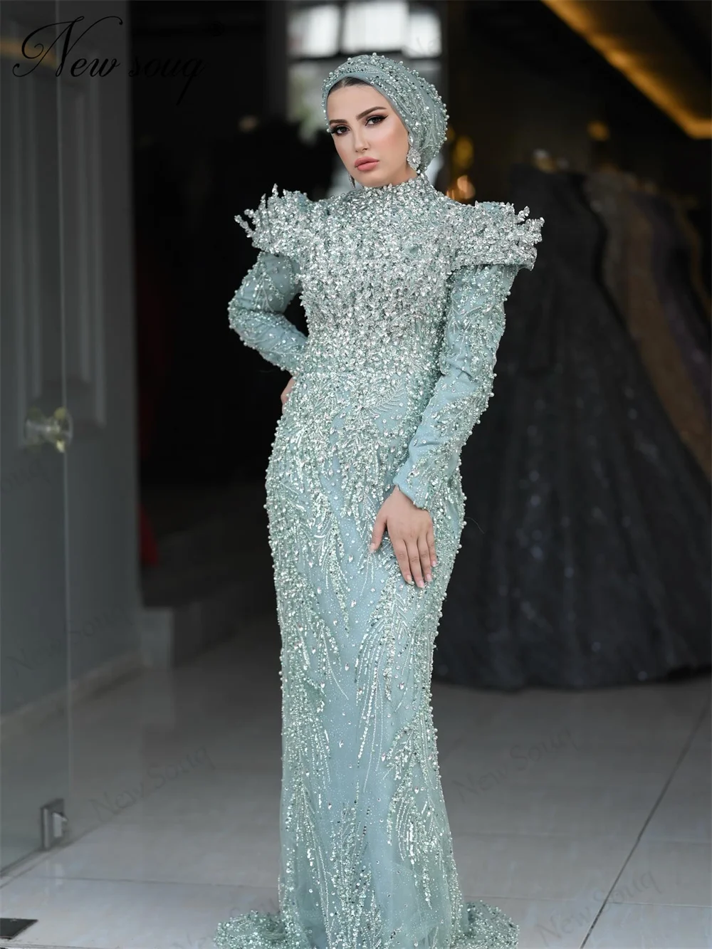 2 Stile Mintgrüne Perlen Abendkleider Arabische Kristalle Meerjungfrau Formelles Anlasskleid Hochzeitsfeier Empfangskleider Maßgeschneidert