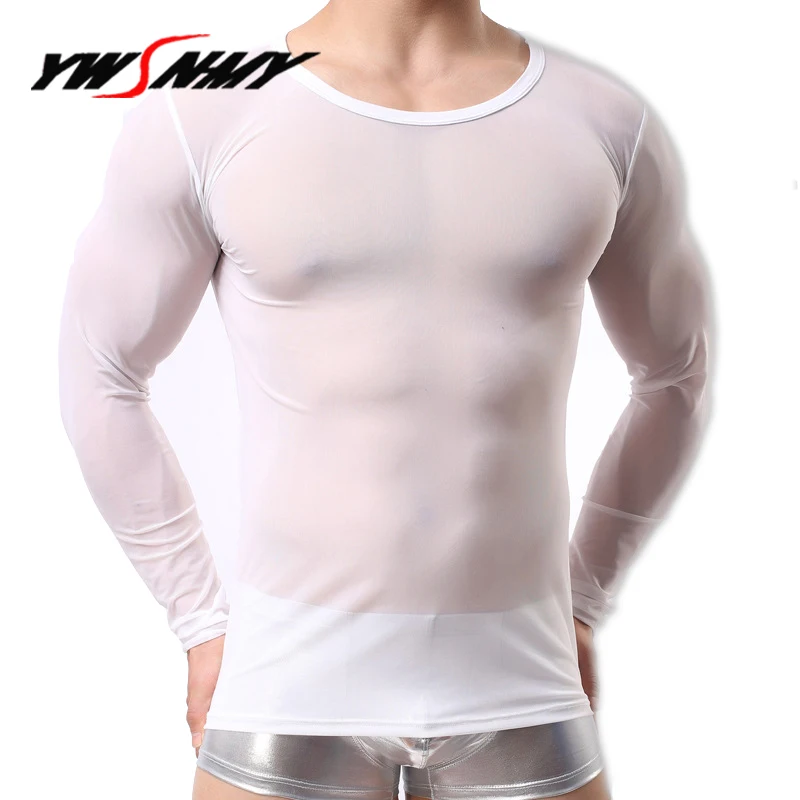 Mens Sexy Transparent T-shirt Sheer See Through Mesh Long Sleeve T shirt Tops Undershirt Fitness Tight Black/White Lounge Tees