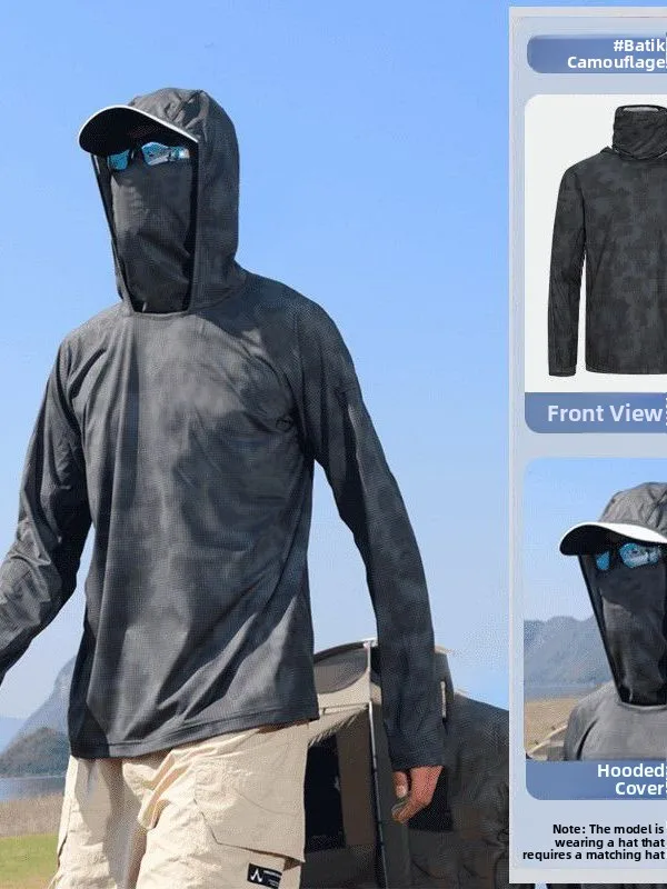 

Легкая дышащая одежда из ледяного шелка для защиты от солнца, летняя мужская одежда с камуфляжным дизайном, интегрированная в комплект с головным убором, для рыбалки