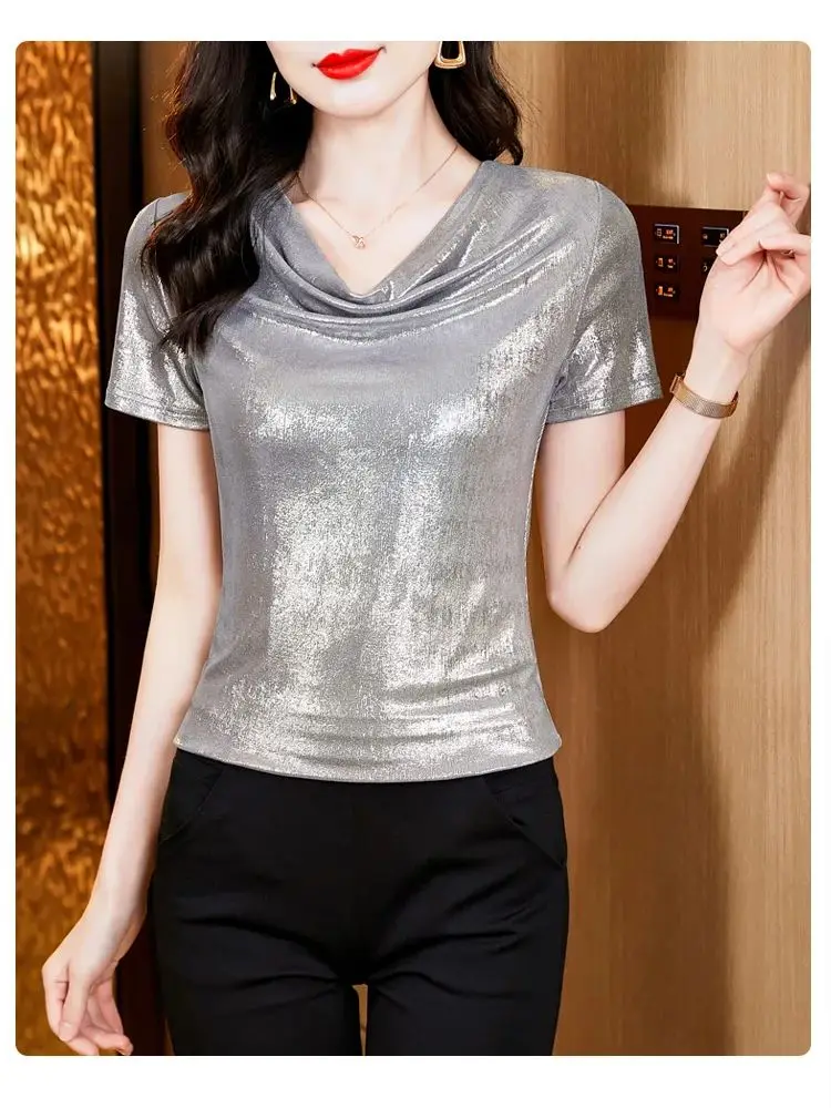 Women Bright T-shirt Shiny Short Sleeve Stretchy Tops Female Thin Reflective Fashion T Shirts Lady Clothes Size M-3XL