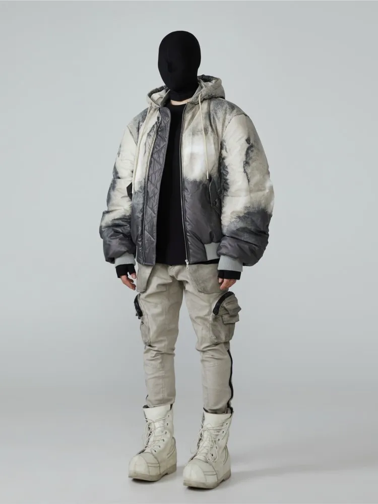 Dark Avant-Garde Style Wasteland Clothes Tie-dye Silhouette Padded Jacket Thickened Warm Winter Loose Coat Men With Hat