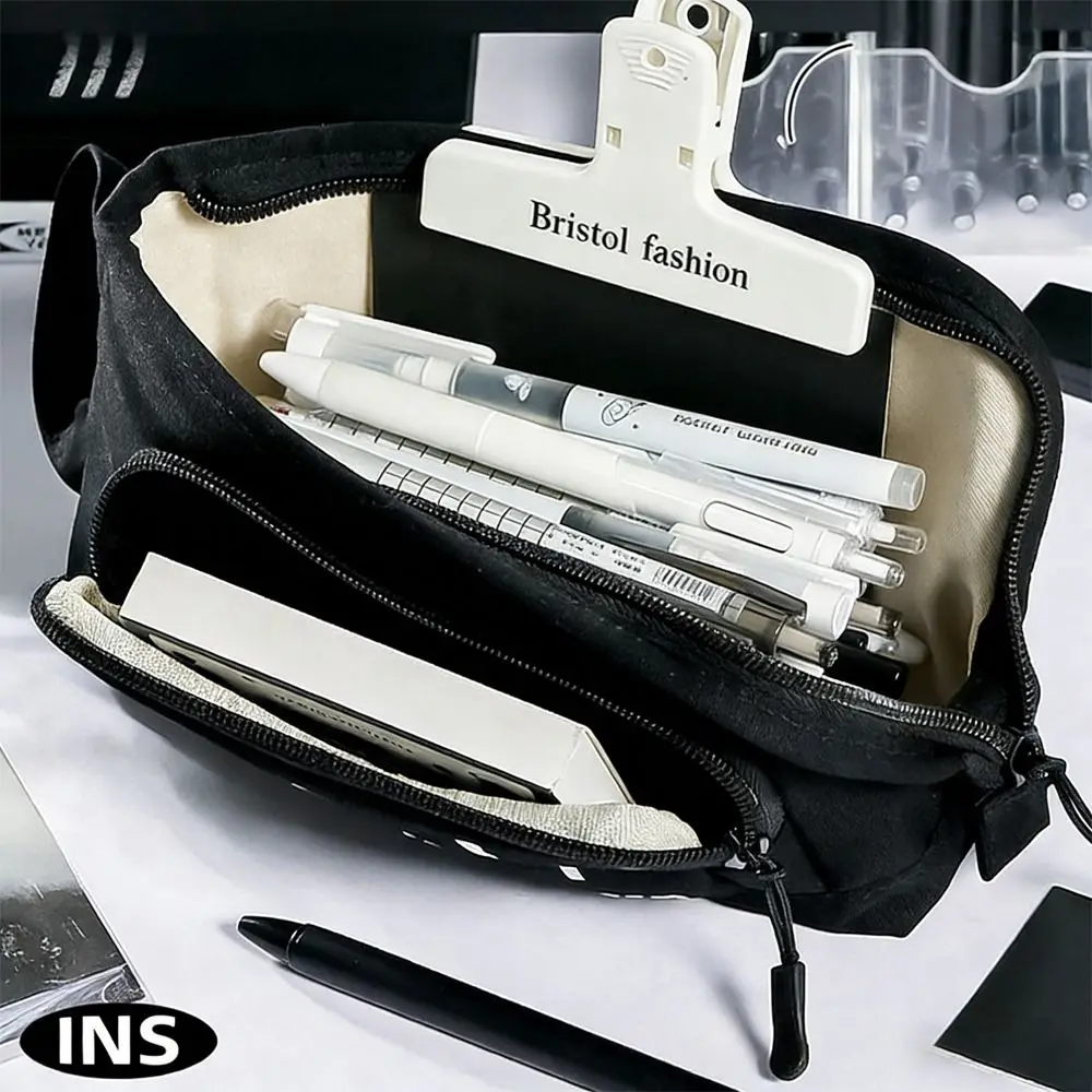 Portable Handheld Pencil Case L-shape Large Opening Large Capacity Pen Bag Simple Letter Design Stationery Bag School Supplies