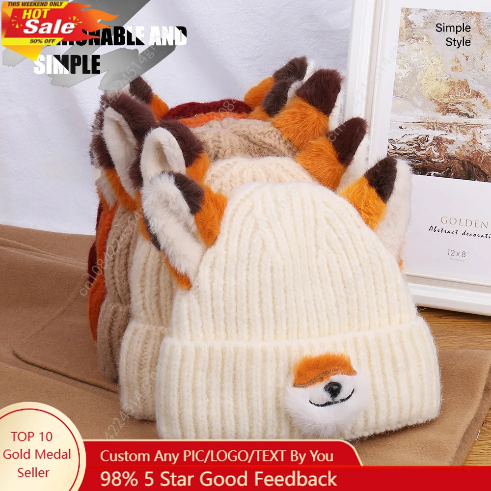 

Autumn Winter New Style Cute Fox Ear Decoration 3D Knitted Hat Versatile Casual Comfortable Windproof Yarn Cap