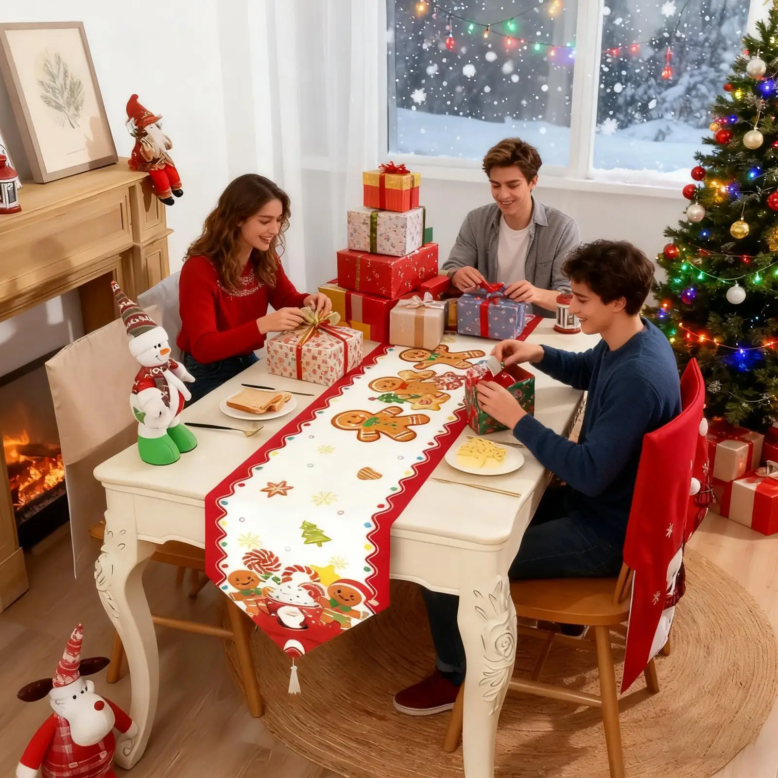 

Christmas Table Runner Linen Long Soft Tablecloth Gingerbread Man Santa Runner Table Cloth For Winter Party Decorations Kitchen