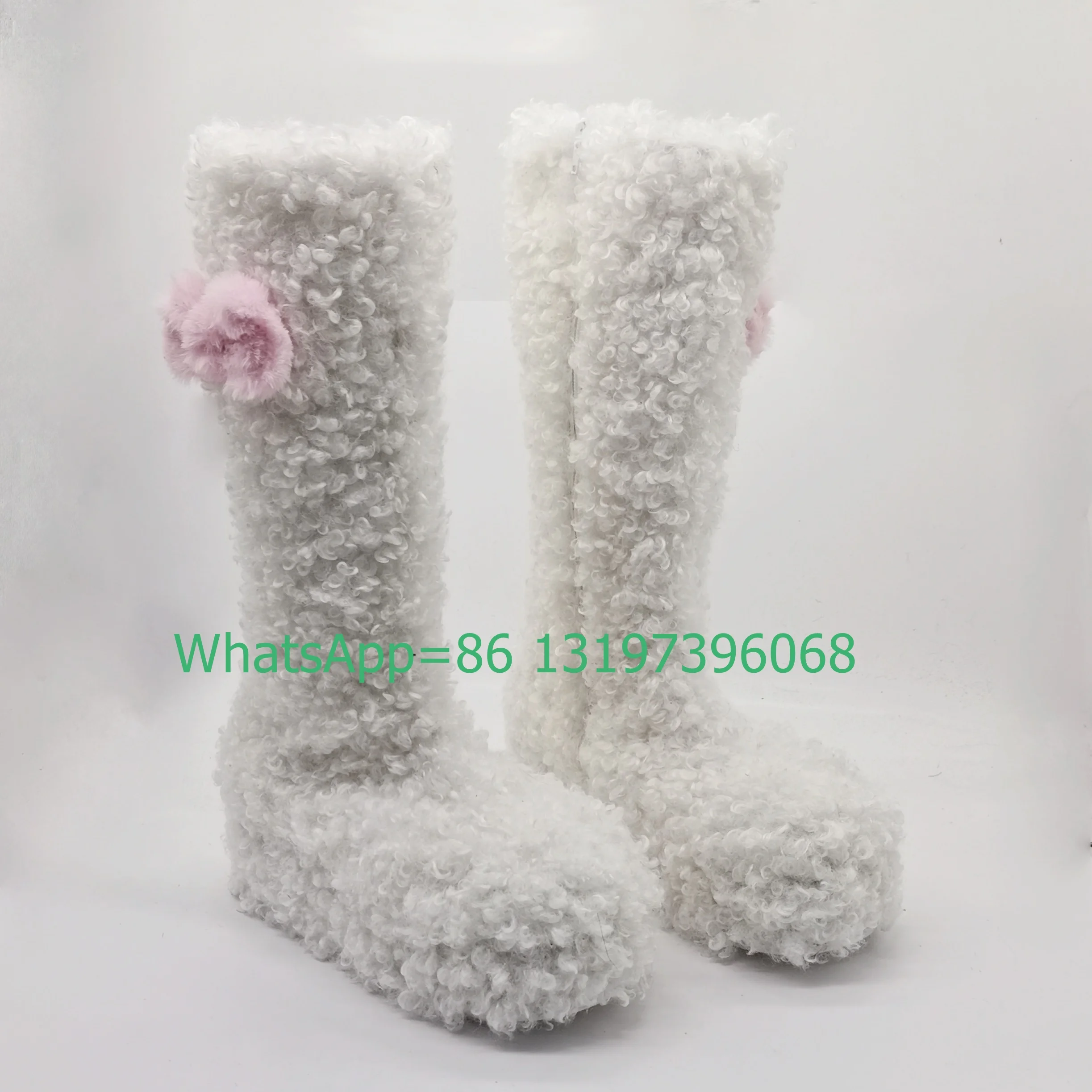 Lady curly fur design white platform pink boots bowtie design platform punk Y2K style wedges heel new arrive boots  size 35-46