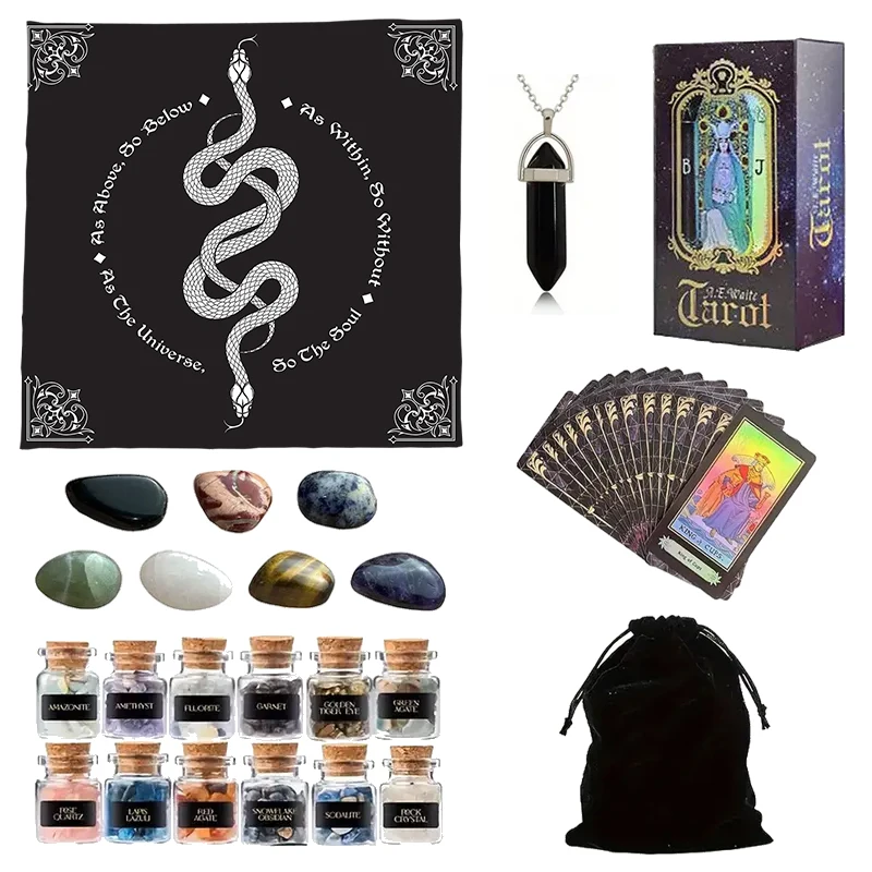 

Tarot Card Set 1 Set 78 Tarot Cards 12 Mini Crystal Vases 7 Chakra Stones 1 Tarot Tablecloth 1 Pendant Accessory 1 Storage Bag