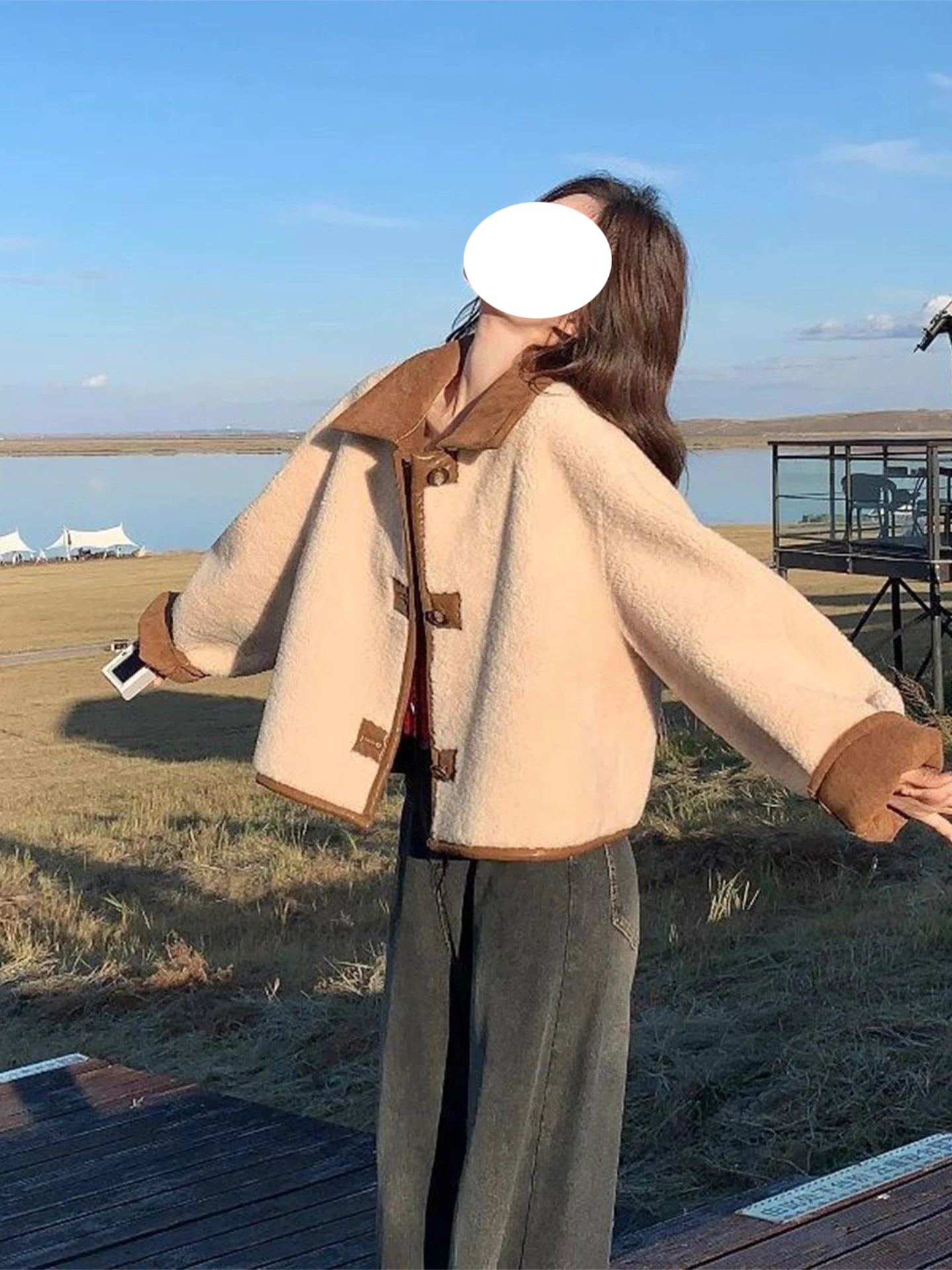 Dubbelzijdig draagbaar suède lamsbontjas voor dames, verdikte herfst-winter bovenkleding, warme, korte jas voor woon-werkverkeer