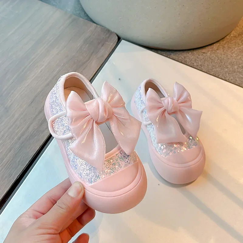 Autumn New Children Soft Sole Casual Shoes Fashion Bowknot Shiny Girls Princess Flat Shoes Kids Shallow Breathable Canvas Shoes