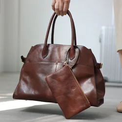 Women's Genuine Leather Large Capacity Tote Bag Female Retro Luxury Briefcase Vintage Cowhide Shoulder Handbag