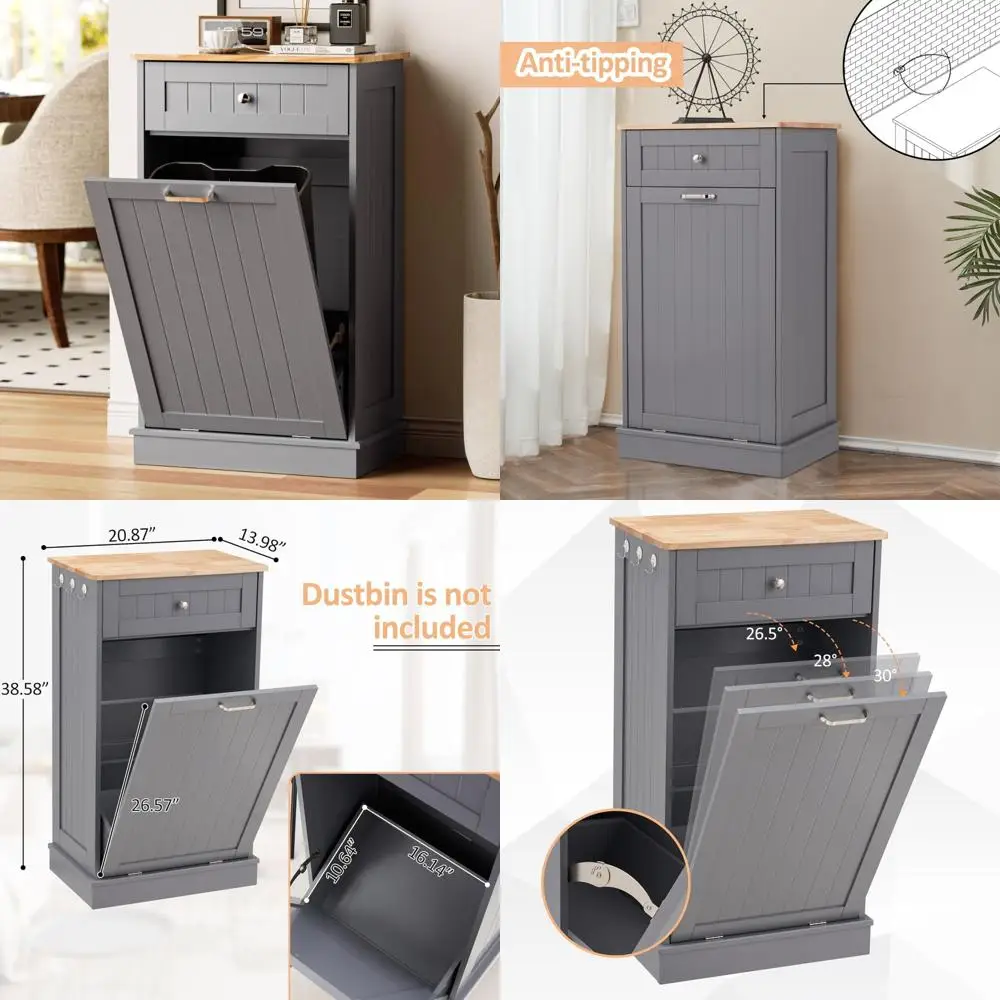 

Wooden 13 Gallon Freestanding Trash Can Cabinet with Drawer and Laundry Hamper, Odor Control Hidden Storage Cabinet
