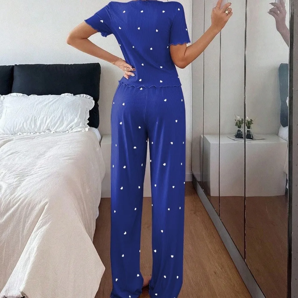 Comfortable Short Sleeve Pajamas Set Striped Heart Nightwear Sets V-neck Ruffle Loungewear Set Night