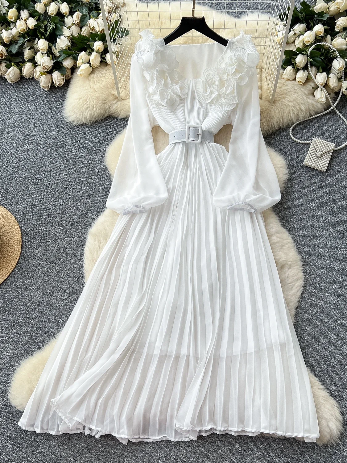 Retro Floral Lantern Sve Pleated Waist Cinching Long Dr Women's 2025 New Sle Slimming Ele Midi Skirt Korean Version