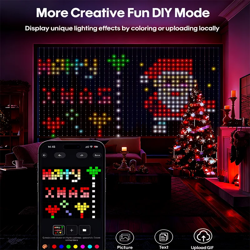 Smart Curtain Lights LED Fairy Lights App Remote Control Music Sync DIY Pattern Text IP67 Waterproof for Birthday Party Decor
