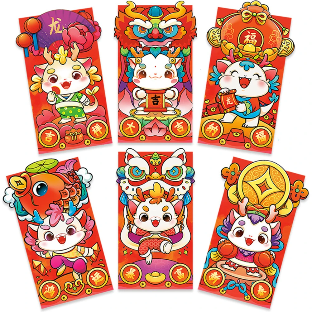 Enveloppes rouges Nouvel An chinois, Enveloppes de poche rouges 3D, Dessin animé de l'année du dragon, Sac d'argent porte-bonheur, ixdu printemps, 6 pièces