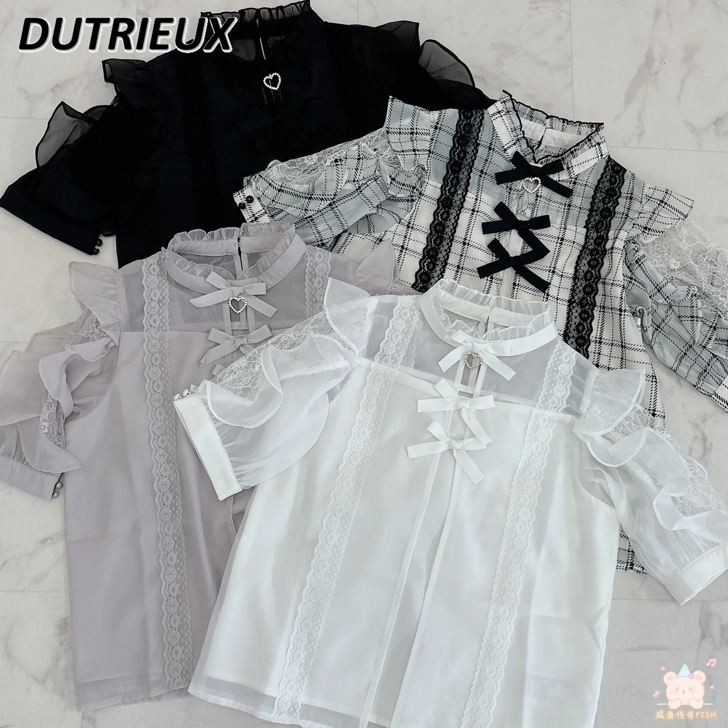 Autumn Rojita Blouse Mine Series Mass-produced Bow Solid Color Top Sweet Lace Splicing Pendant Hollow Short-sleeved Shirt