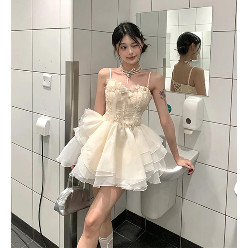 

Sweet Floral Mini Dress Women Birthday Party Ruffles Spaghetti Straps Dresses Summer Fashion Korean Bodycon A Line Vestidos New
