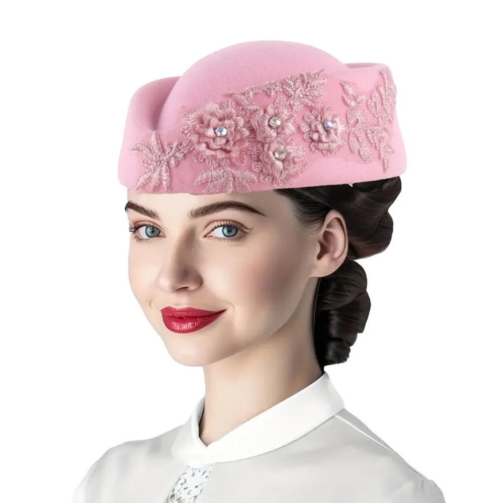 European Vintage British Felt Turban Hat for Women, Church Derby Lace 3D Embroidered Soft Beret Painter Cap