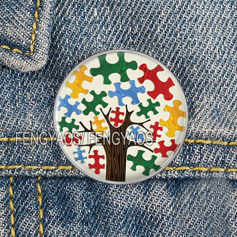 Stainless Steel Autism Awareness Badge Autistic Symbol Brooch Fashion Backpack Decoration Pins Round Jewelry Women Gift