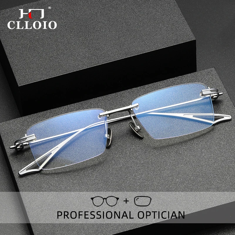 CLLOIO Luxury Pure Titanium Rimless Reading Glasses Men Ultralight Anti Blue Light Myopia Hyperopia Prescriptio Glasses ACT-FIX