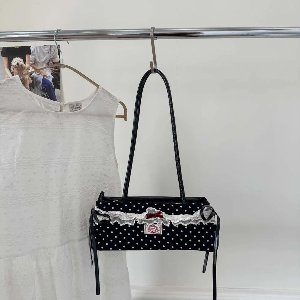 

Portable Sweet French Stick Handbag Bow Large Capacity Polka Dot Underarm Bags Korean Style Lace PU Shoulder Bag Daily