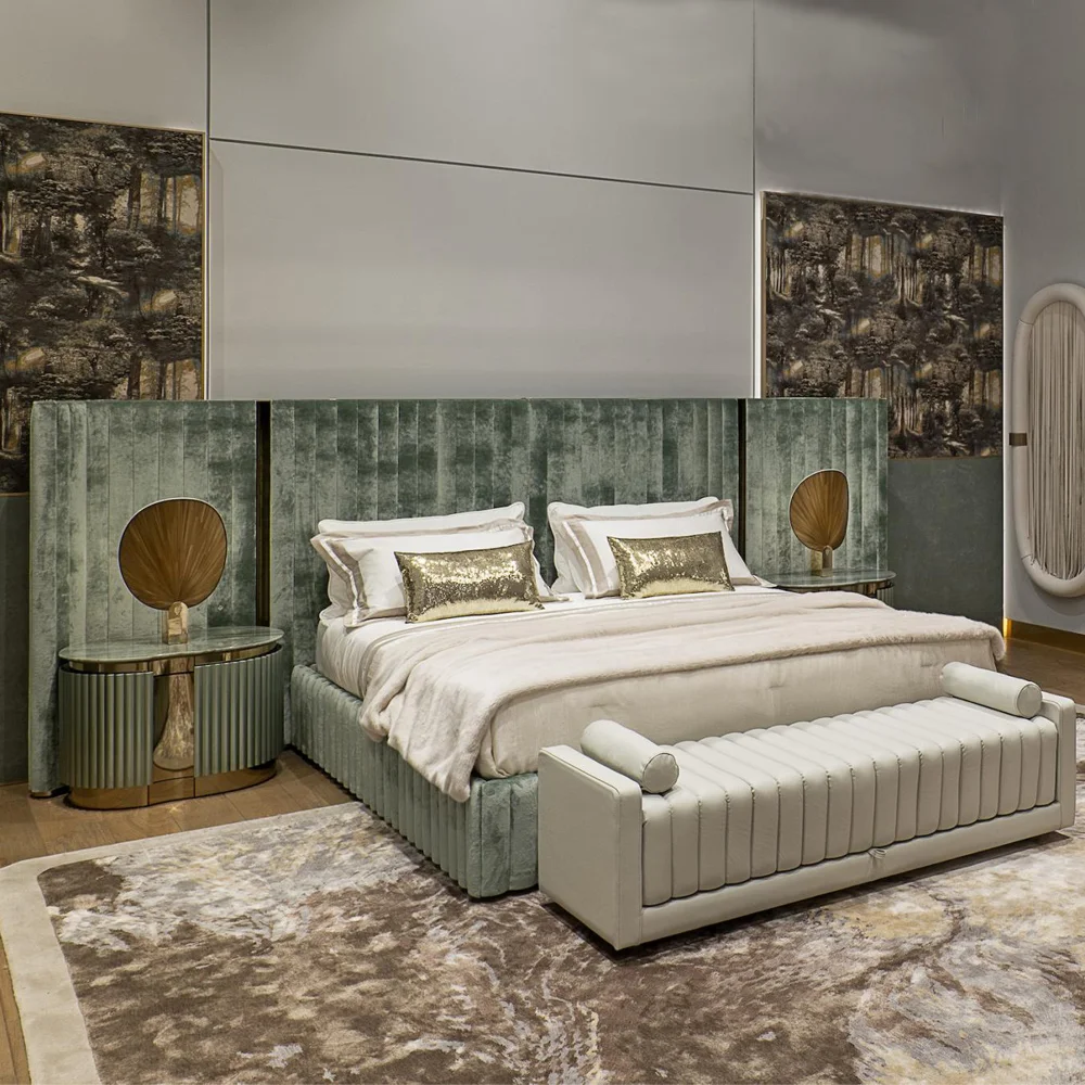

Factory Direct Light Green Velvet Fabric King Queen Size 2023 Italy Bed Room Furniture Bedroom Set Luxury