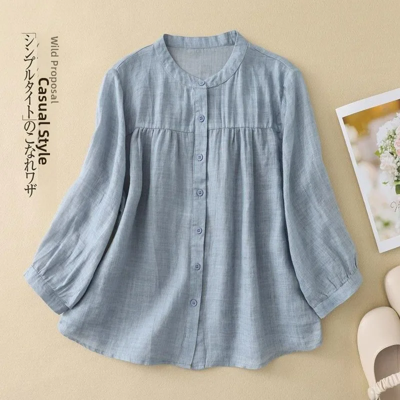 Women's Cotton Linen Shirt Spring Summer New Fashion Casual Retro Art Pure Color Design Seven Sleeve Women's Top Breathable