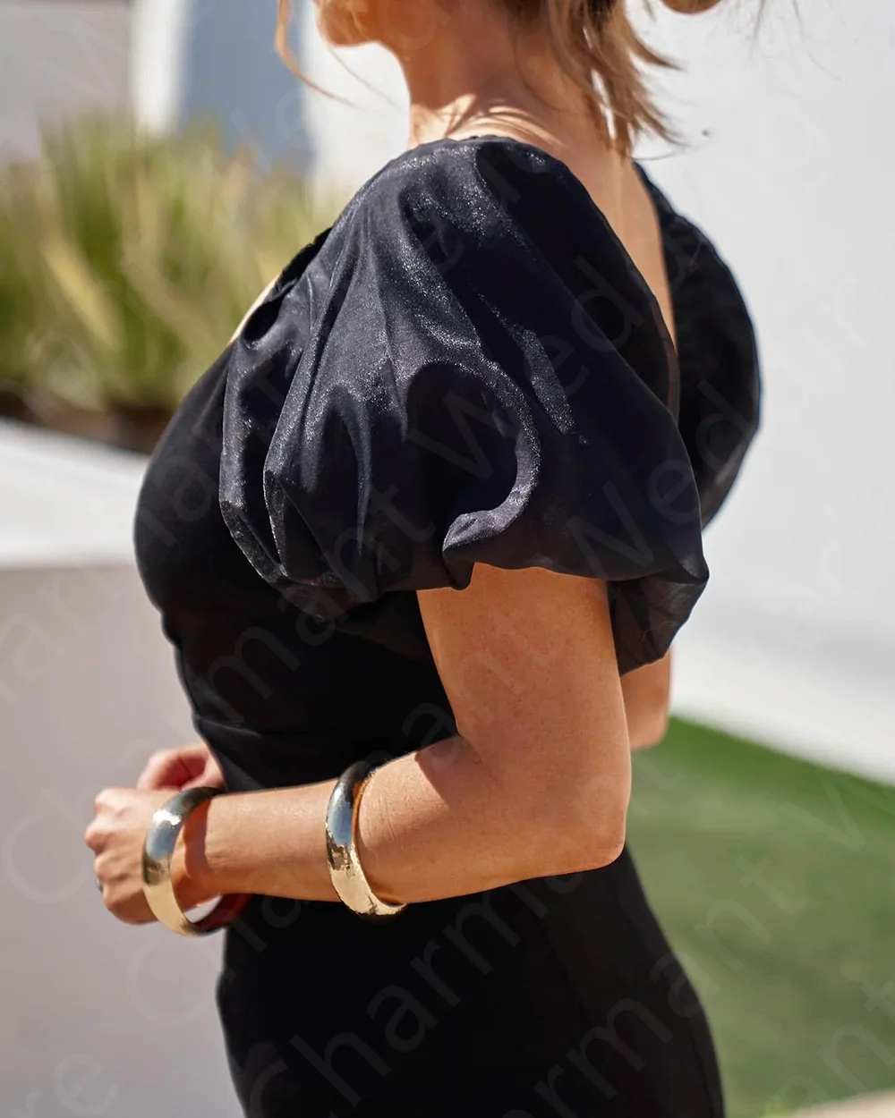 Abiti da ballo classici personalizzati in vendita Abiti da sera corti neri Scollo a V Maniche a sbuffo Abito da festa di nozze Lunghezza tè Back Out