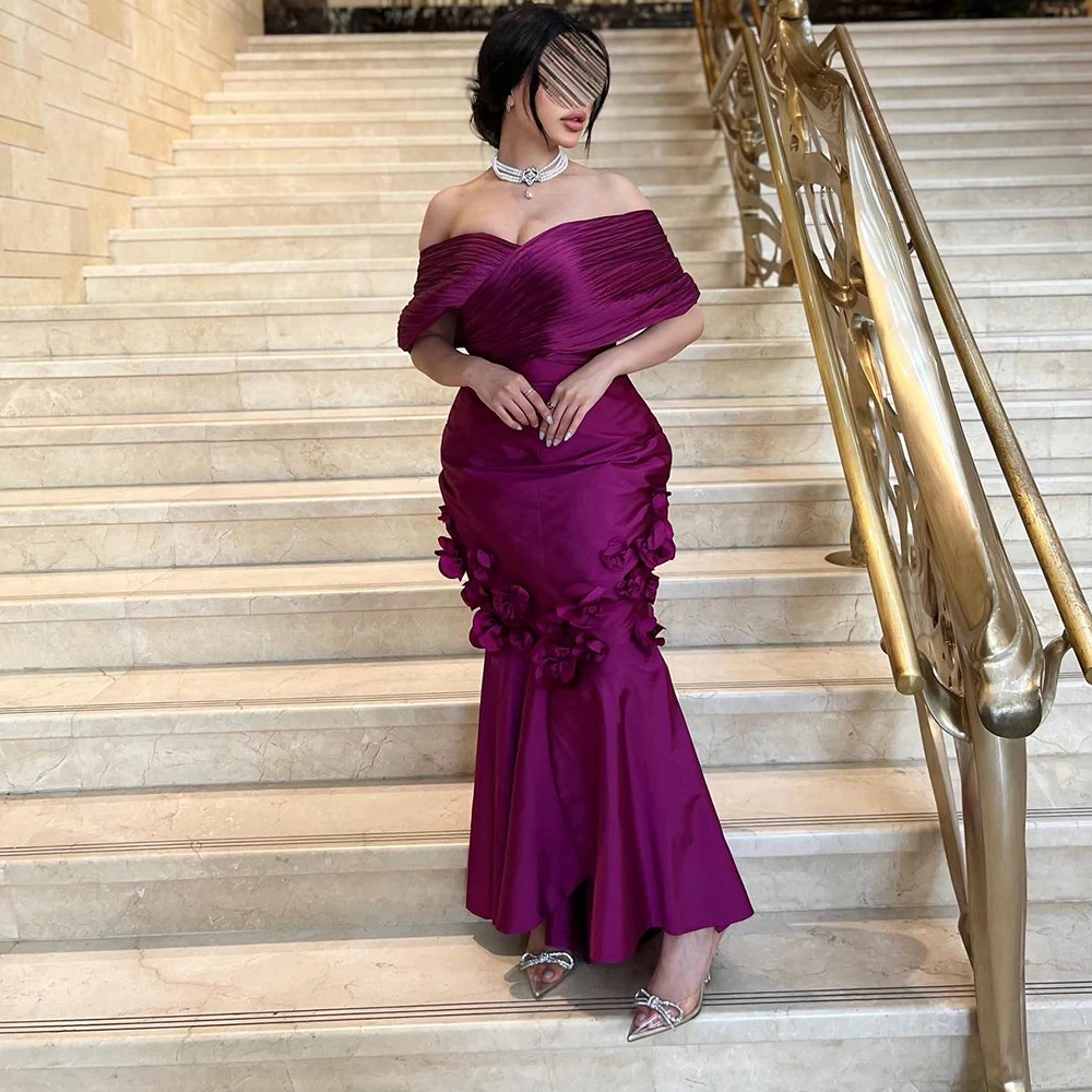 

Customized Exquisite Appliques Flowers Boat Neck Ankle Length Mermaid Evening Dress Satin Off the Shoulder Zipper Back Vestido D