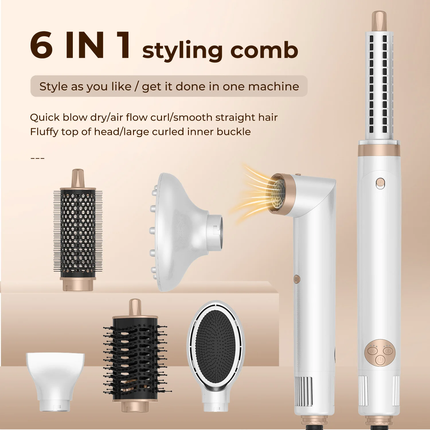 

New 6-in-1 Hot Air Comb Multi-functional Automatic Curling Iron Straight-rolled Dual-purpose High-speed Negative Ion Hair Dryer