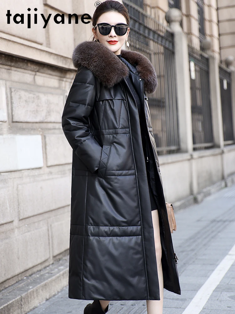 TAJIYANE الأبيض أوزة أسفل معطف امرأة جلد الغنم حقيقية سترات من الجلد الثعلب الفراء طوق مقنعين سترة منفوخة 2025 ملابس حريمي كورت
