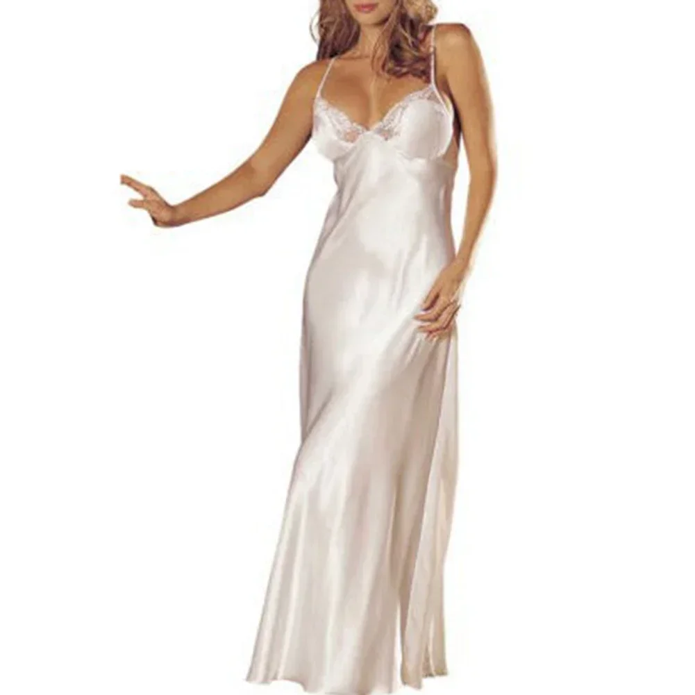 Womens sexy lingerie Satin Soft Nightdress Plus Size Ladies Erotic panties Sleepwear Pajamas Dress Long Nightwear V-Neck Dress