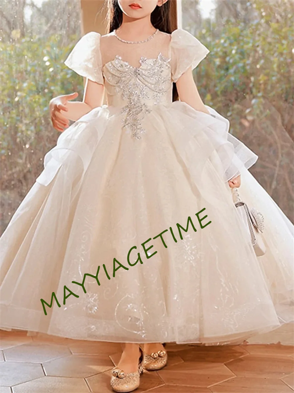 

Ivory Flower Girl Dresses For Weddings 2022 Tulle Appliques Short Sleeves Princess Toddler Pageant Gowns First Communion Dresses