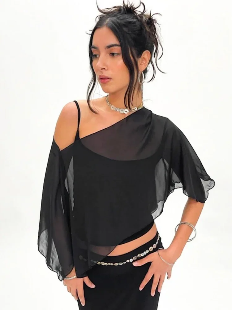 

Solid Black Mesh Halter Tops For Women Edgy Clothes Y2k Accessories Asymmetrical Cover-up Ropa De Mujer Slim Fit Camison Verano