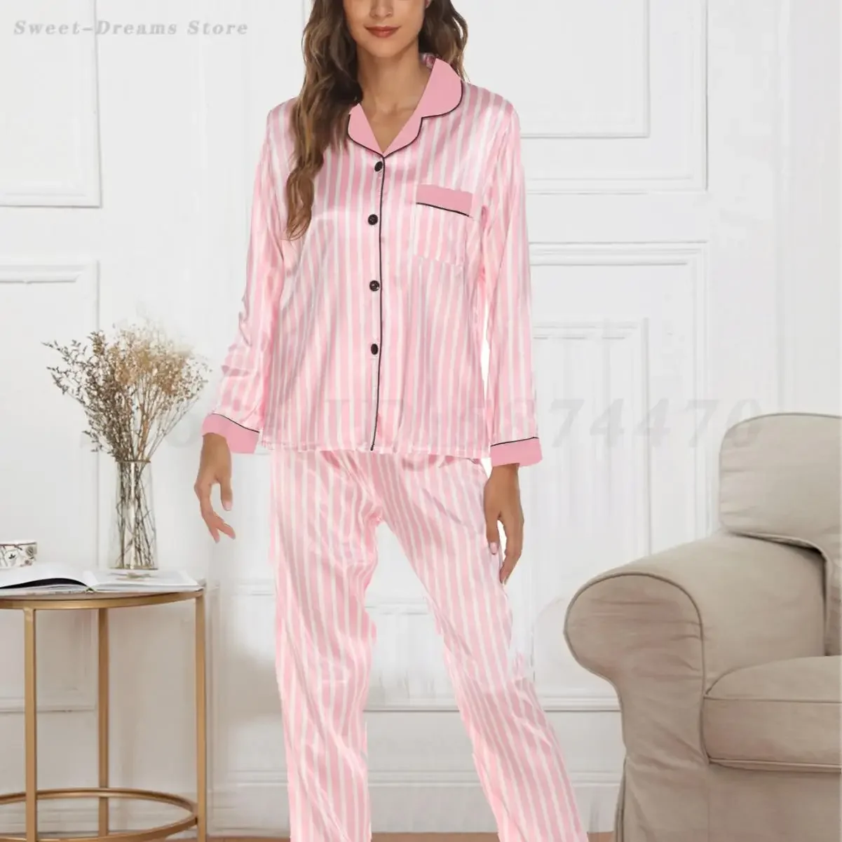 Spring Summer Pajamas Suit Lounge Wear Women's Loose Satin Home Clothes Sleepwear Printed Long Sleeve Shirt&Trouser Nightwear 2
