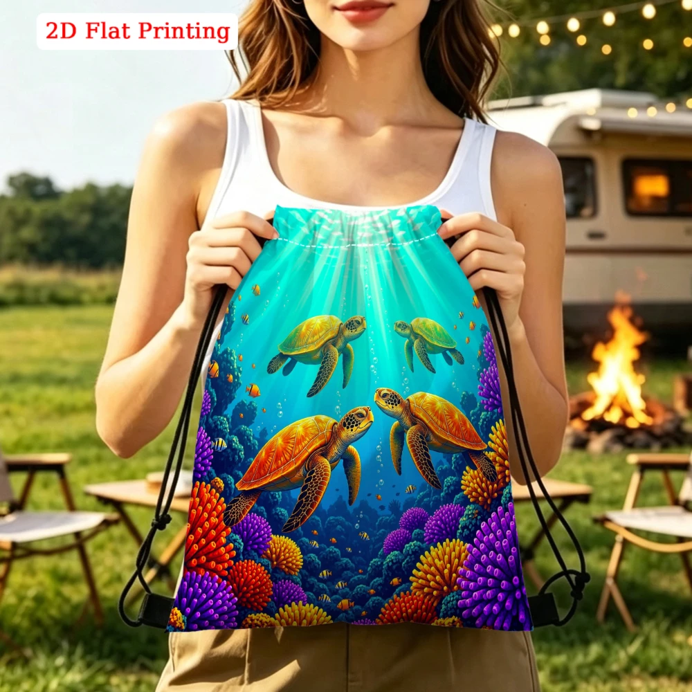Sea Turtles Coral Reef 2D Print Drawstring Backpack Fitness Sports Outdoor Travel Cinch Sack