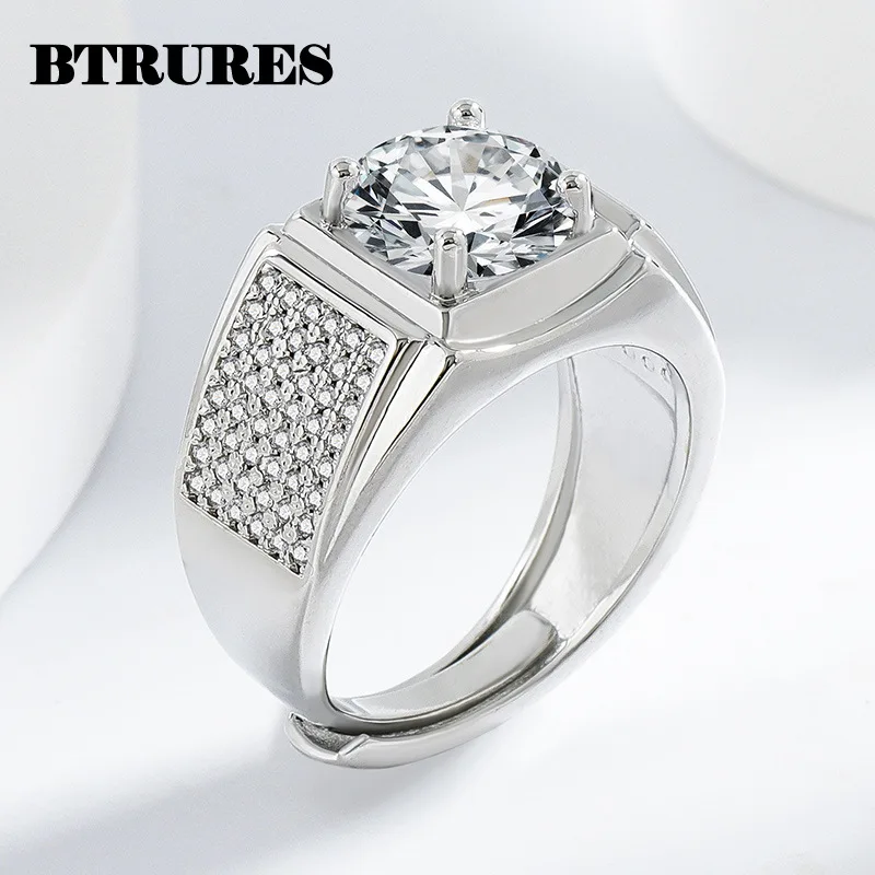 Men's 925 Sterling Silver Square Zircon Open Adjustable Ring