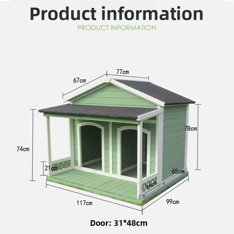 Outdoor Dog House Small to Medium-Sized Solid Wood Pet Cat Bed Two-Door Villa-Style Waterproof Warm Hinged Closure No Assembly