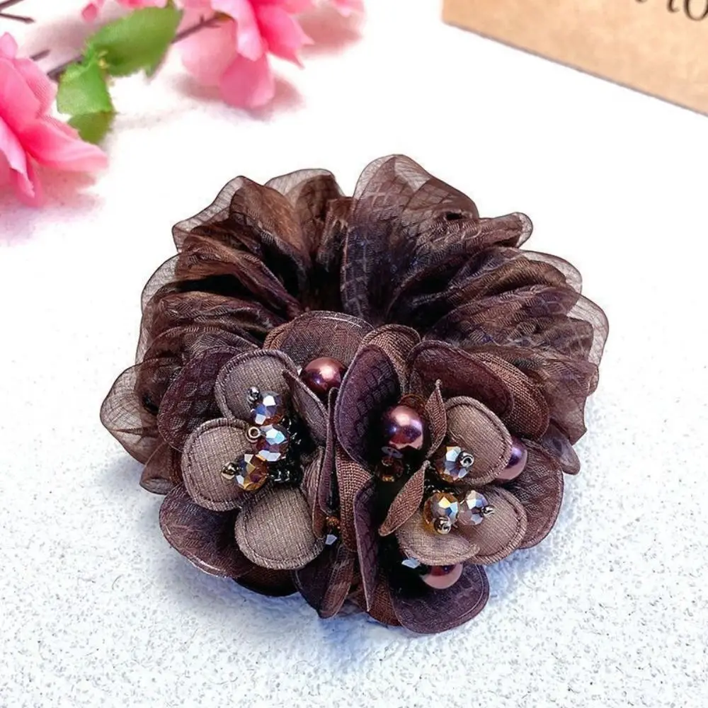 Elegant Rhinestone Flower Hair Scrunchies Double Layer Lace Elastic Hair Bands Mesh Hair Ties Parties Daily Use