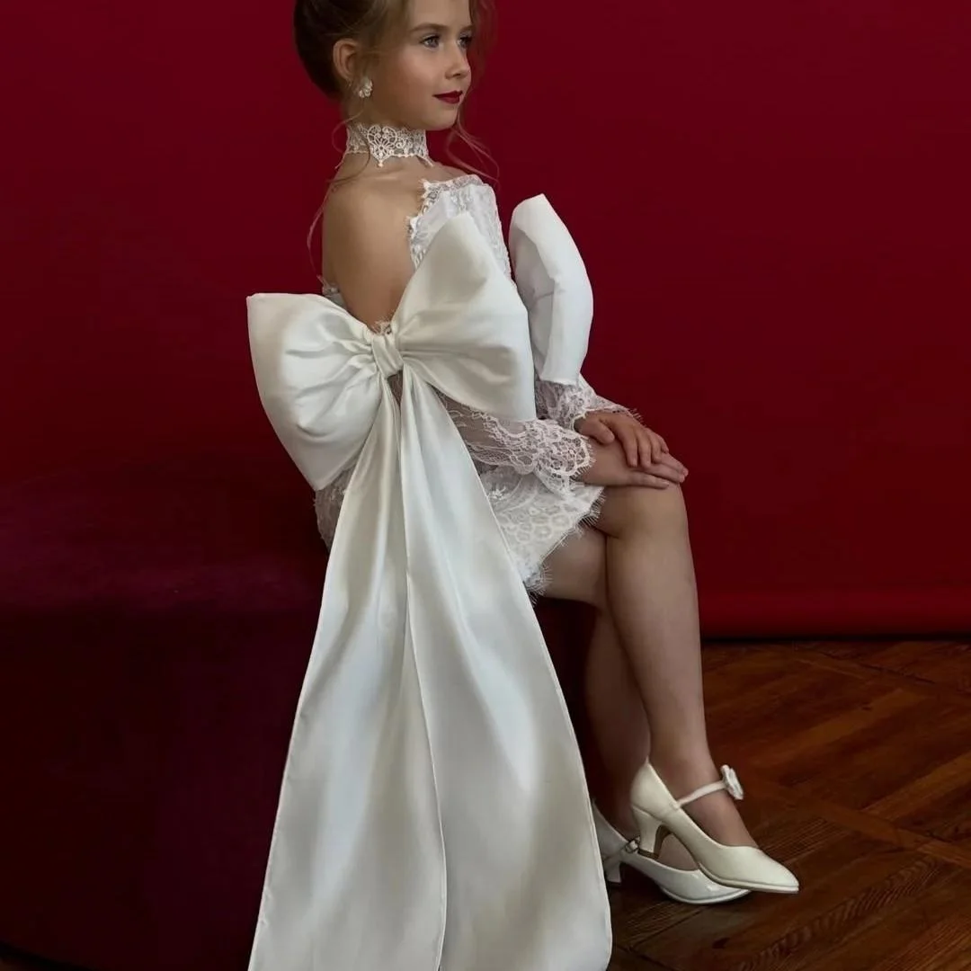 custom-luxury-white-strapless-lace-sleeve-side-bow-short-flower-girl-gown-pageant-runway-guest-bday-kids-wedding-party-dress