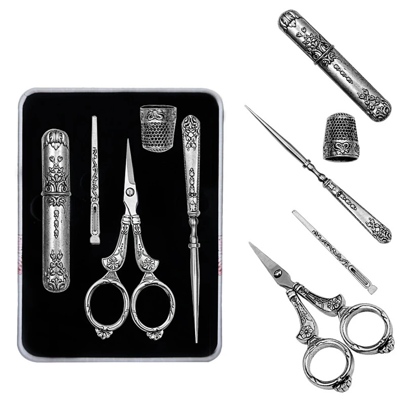 European Vintage Pointed Scissors Set Carved Classical Cutting Thread Tailor Scissors Embroidery Sewing Tool Set