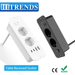 EU Table Top Recessed Socket with 2 USB A 2 Type C PD20W Fast charge, Built in Socket Desktop Hidden Power Outlet with 2M Cable