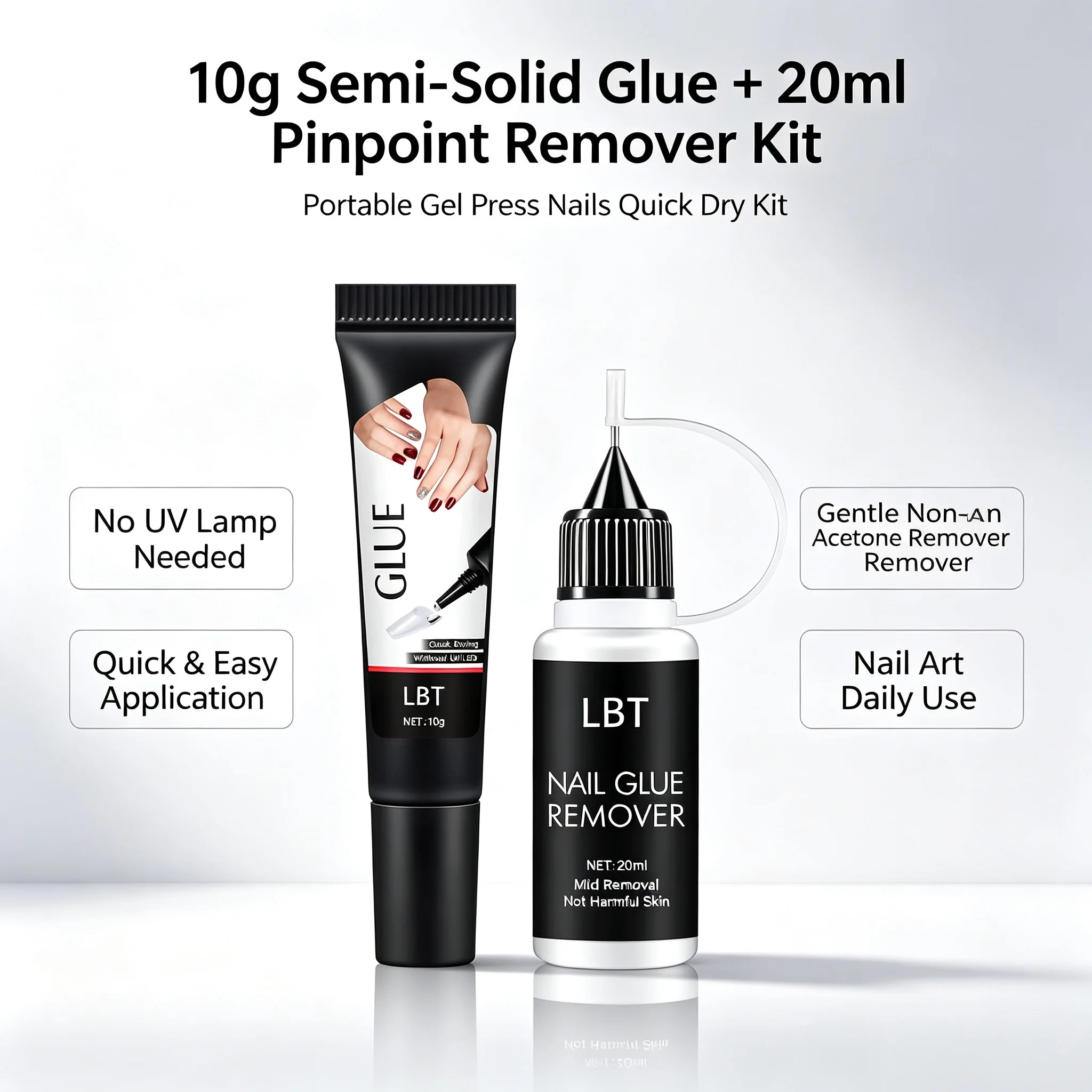 10g SemiSolid Glue 20ml Pinpoint Remover Kit Portable Gel Press Nails Quick Dry No UV Lamp Needed Gentle Non-Acetone Remover