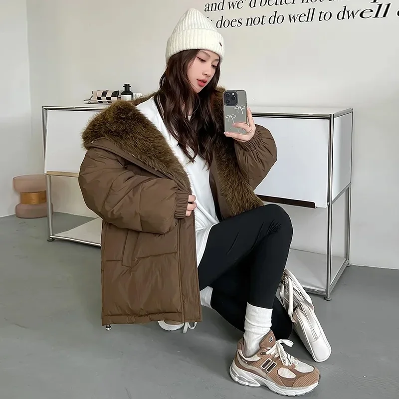 Fashion Rabbit Fur Collar Hooded Cotton Jacket For Women New With Plush and Thicken Hooded Winter Coat Female Warm Parka Coats