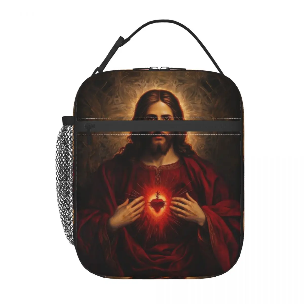 Bolsa de almacenamiento de comida con aislamiento para la oficina, bolso de mano con accesorios de la fe de Jesús, el cristiano católico, la Biblia y el Santo