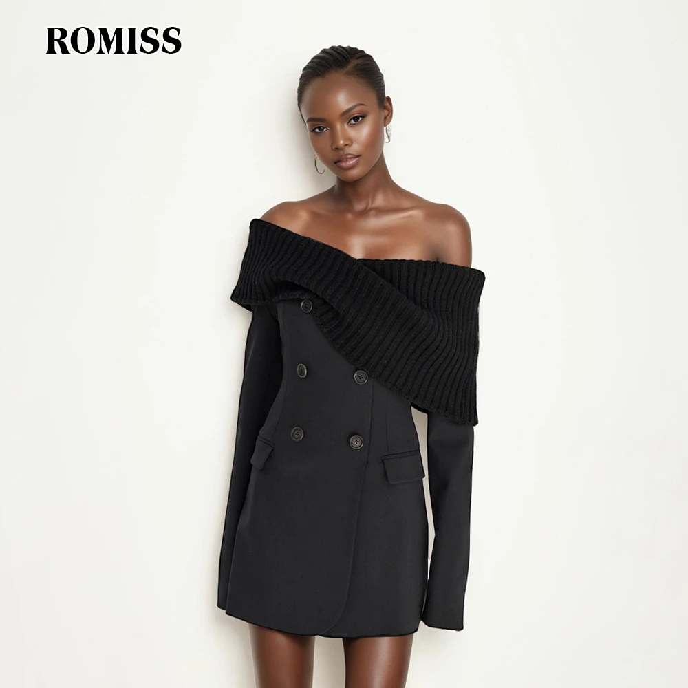 

ROMISS Patchwork Button Chic Coat For Women Slash Neck Long Sleeve Off Shoulde Spliced Knitwear Jacket Female Fashion New